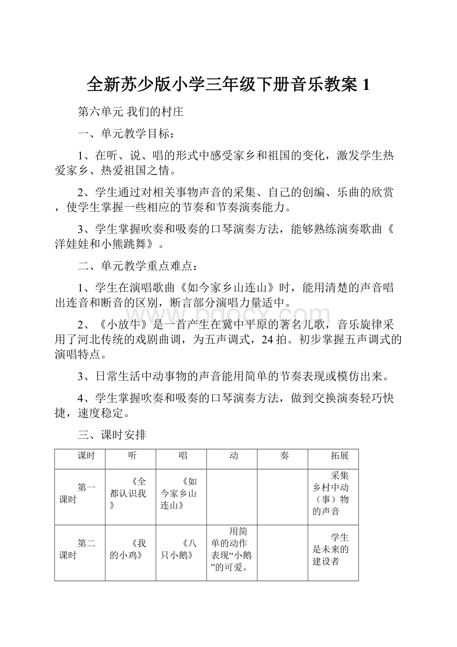 全新苏少版小学三年级下册音乐教案1.docx