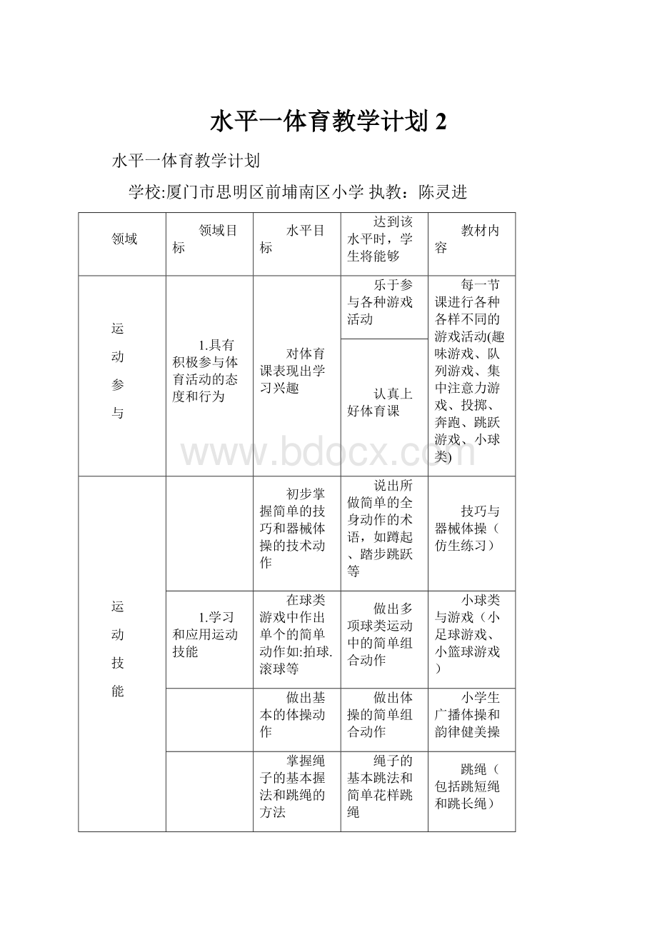 水平一体育教学计划 2.docx_第1页