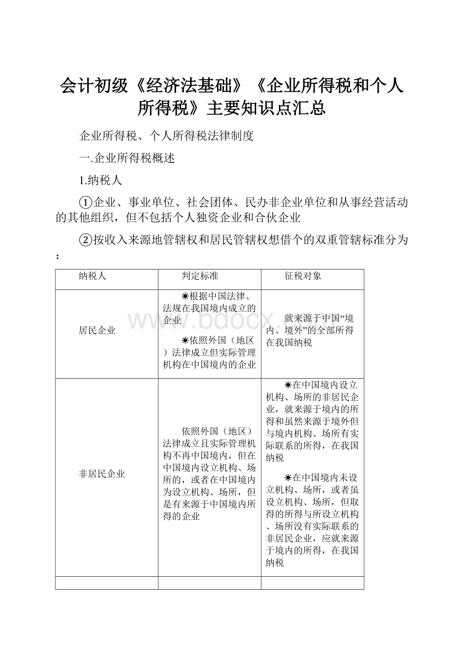 会计初级《经济法基础》《企业所得税和个人所得税》主要知识点汇总.docx