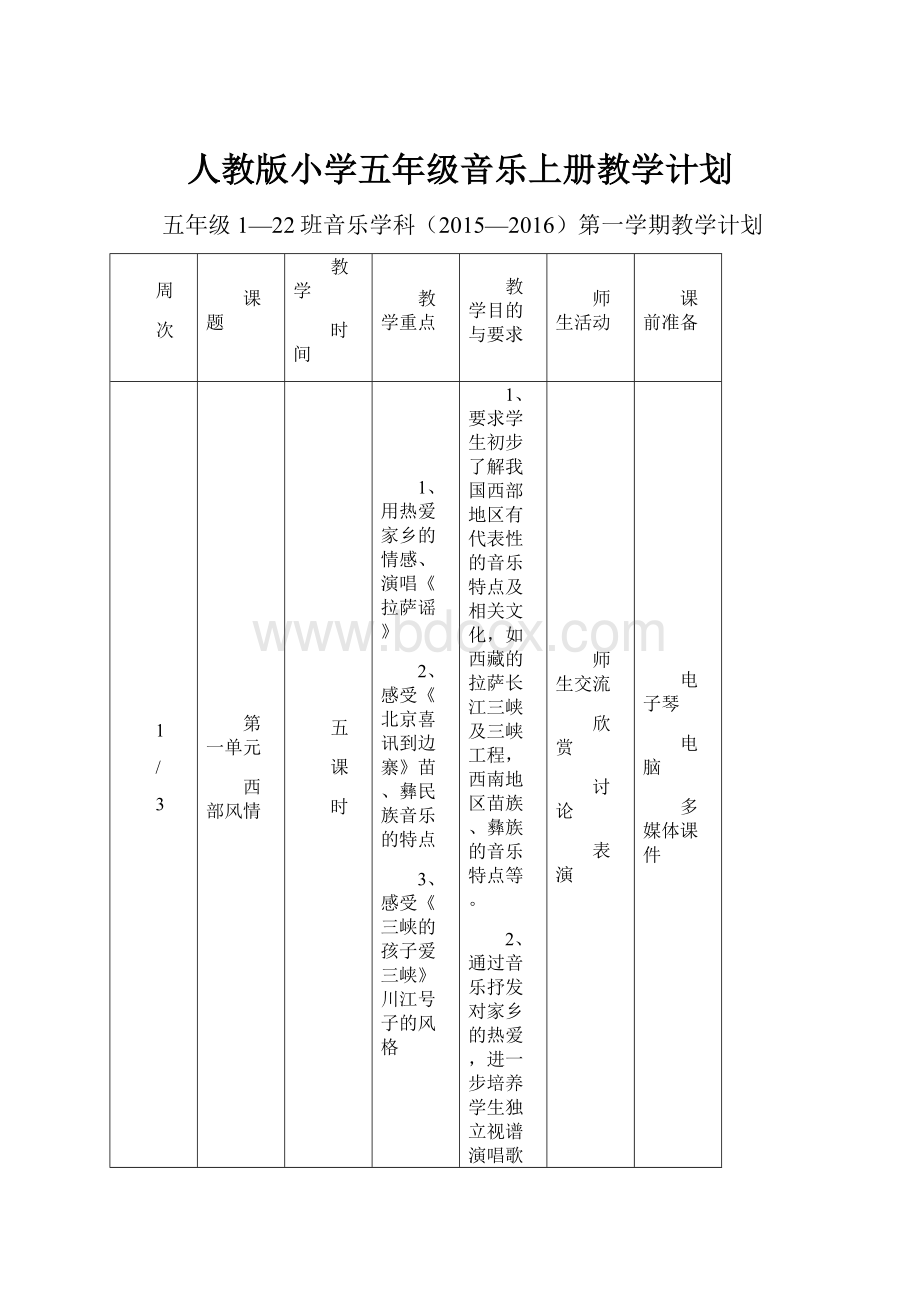 人教版小学五年级音乐上册教学计划.docx