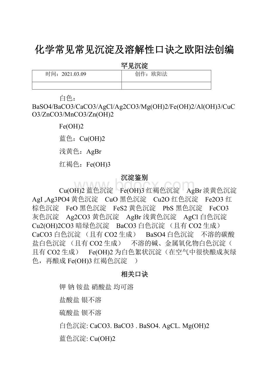 化学常见常见沉淀及溶解性口诀之欧阳法创编.docx