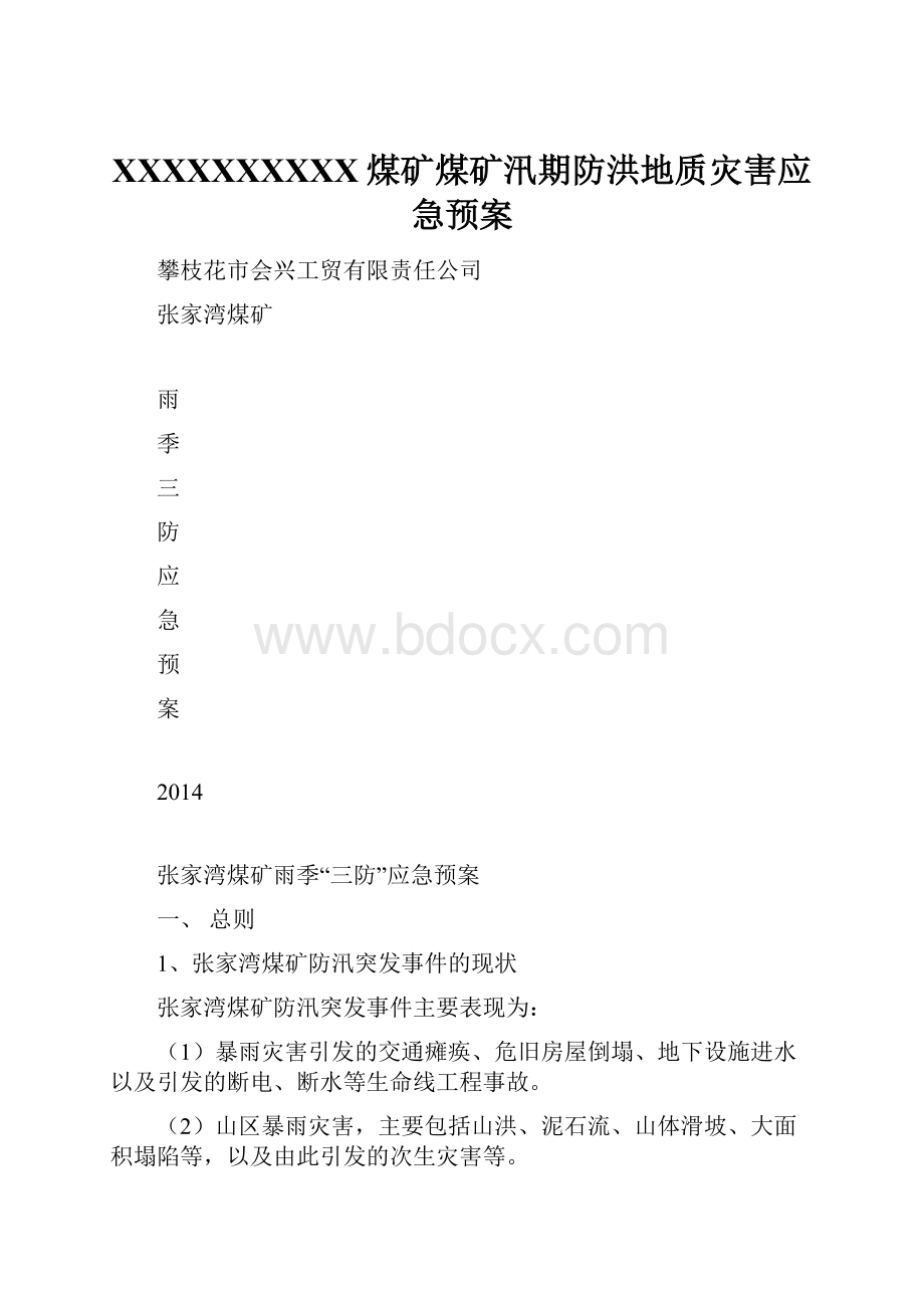 XXXXXXXXXX煤矿煤矿汛期防洪地质灾害应急预案.docx