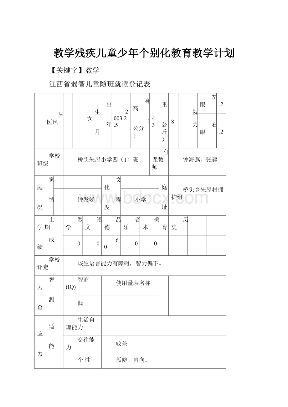 教学残疾儿童少年个别化教育教学计划.docx