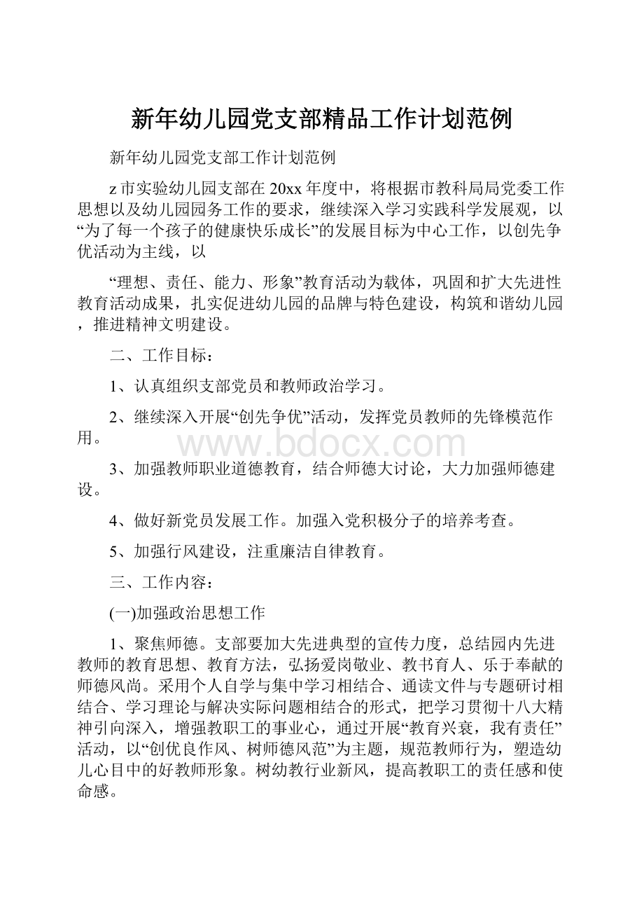 新年幼儿园党支部精品工作计划范例.docx