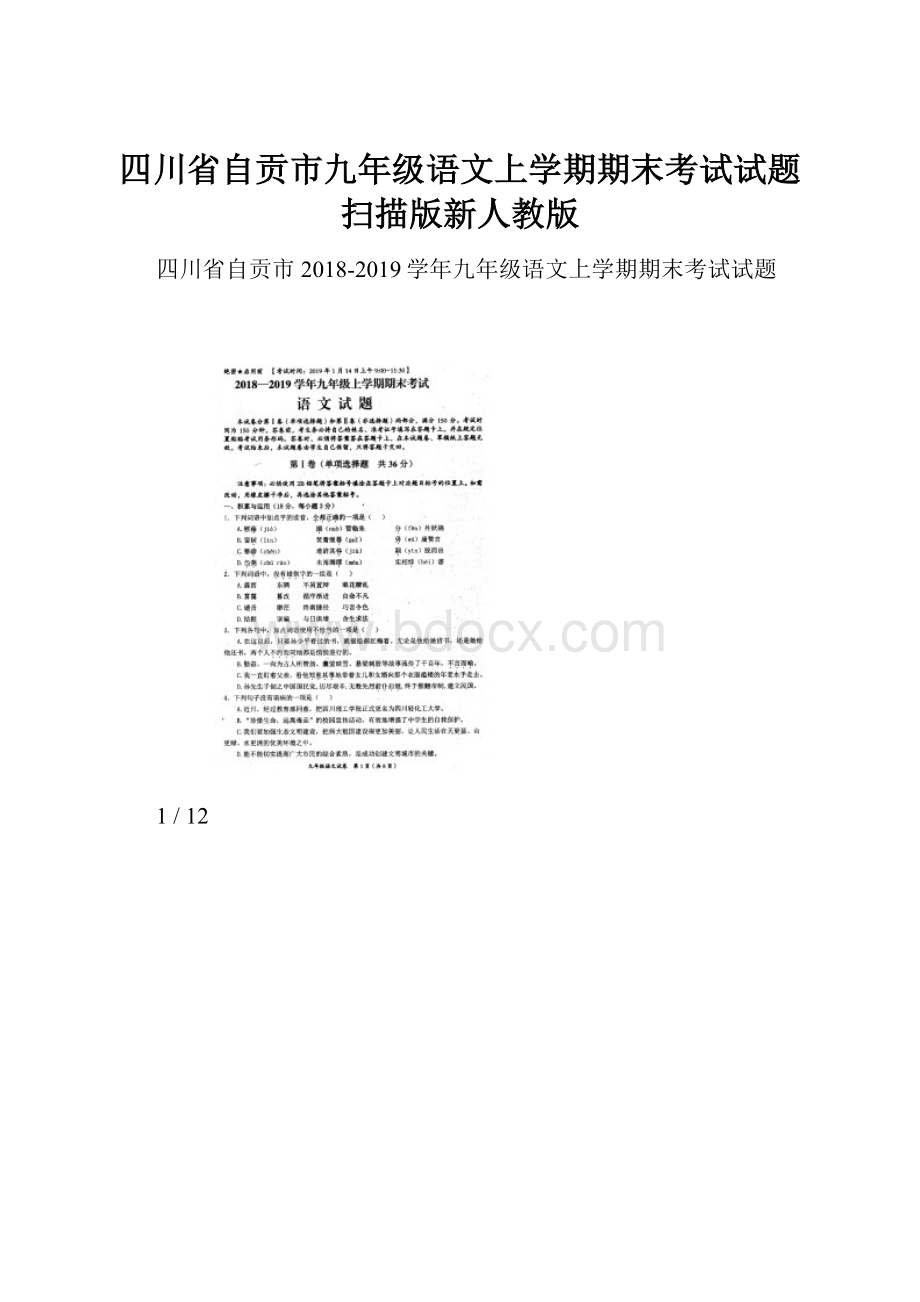 四川省自贡市九年级语文上学期期末考试试题扫描版新人教版.docx