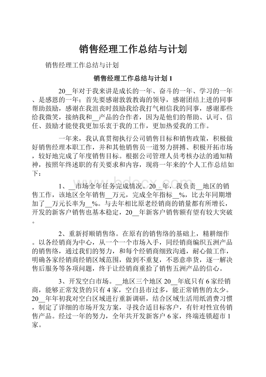 销售经理工作总结与计划.docx_第1页