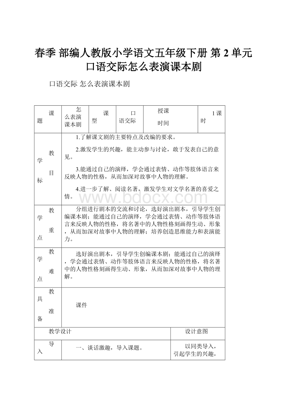 春季 部编人教版小学语文五年级下册 第2单元 口语交际怎么表演课本剧.docx