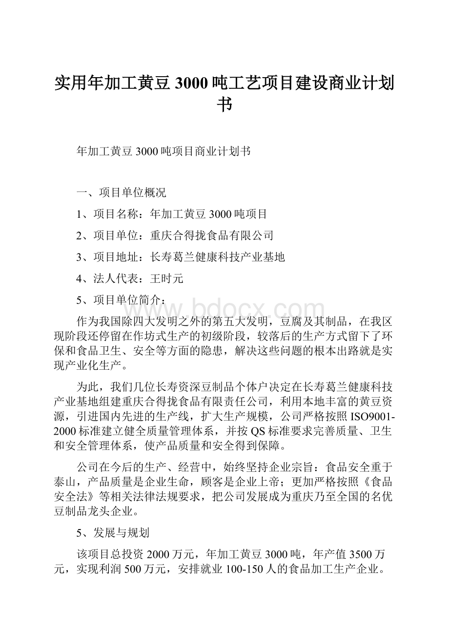 实用年加工黄豆3000吨工艺项目建设商业计划书.docx