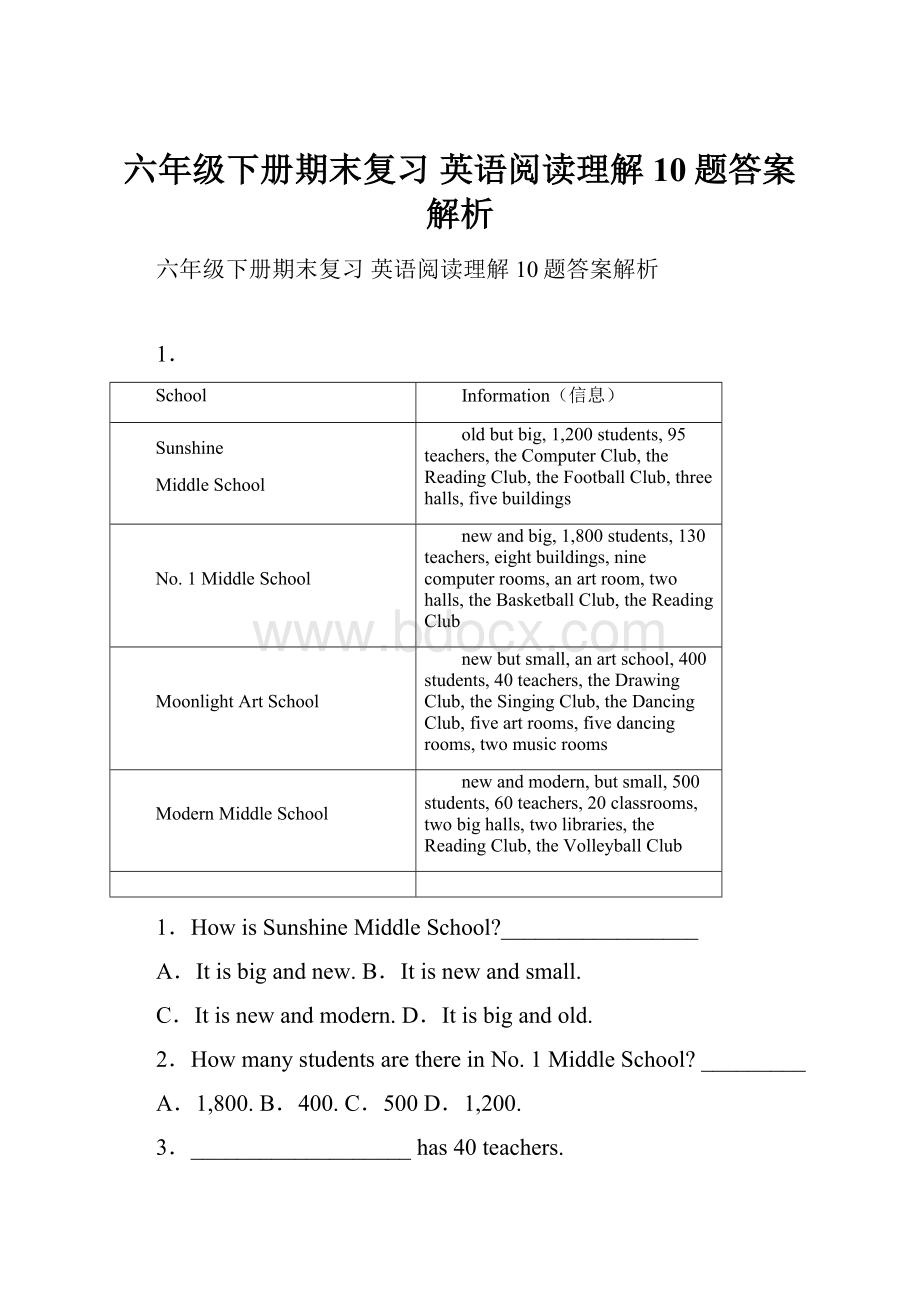 六年级下册期末复习 英语阅读理解10题答案解析.docx