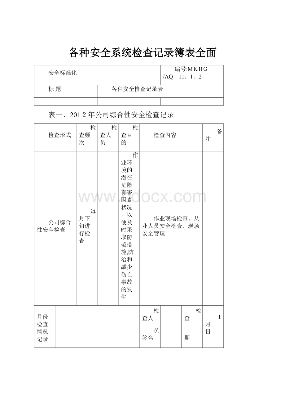 各种安全系统检查记录簿表全面.docx