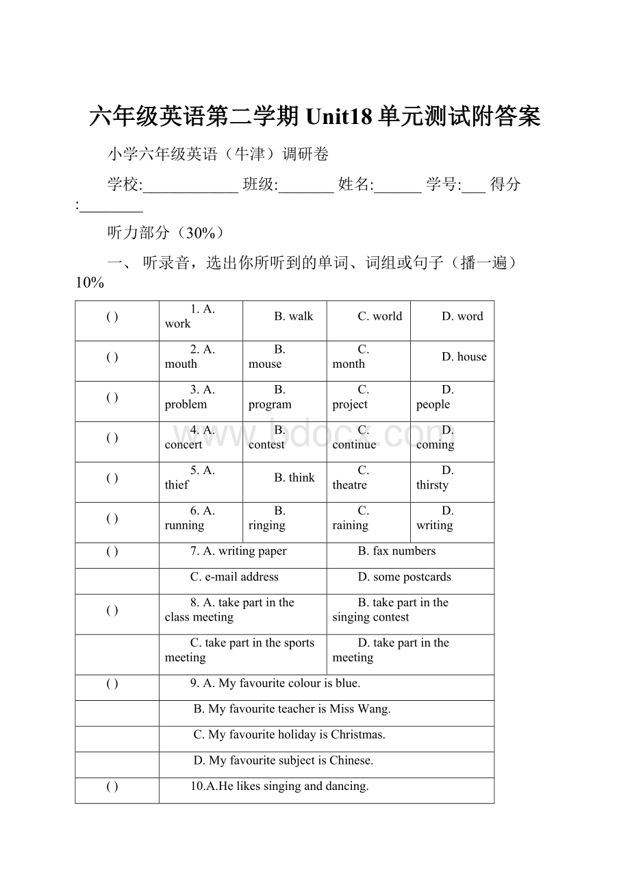 六年级英语第二学期Unit18单元测试附答案.docx_第1页