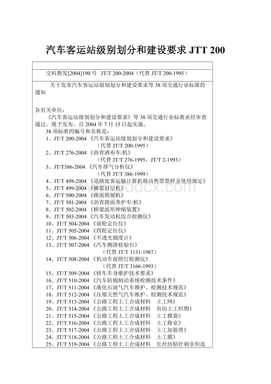 汽车客运站级别划分和建设要求JTT 200.docx_第1页