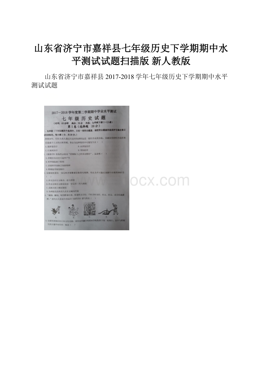 山东省济宁市嘉祥县七年级历史下学期期中水平测试试题扫描版 新人教版.docx_第1页