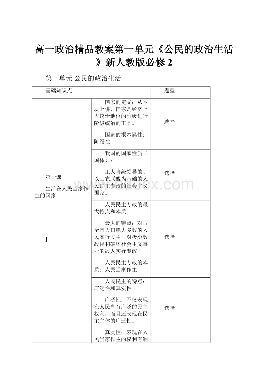 高一政治精品教案第一单元《公民的政治生活》新人教版必修2.docx_第1页