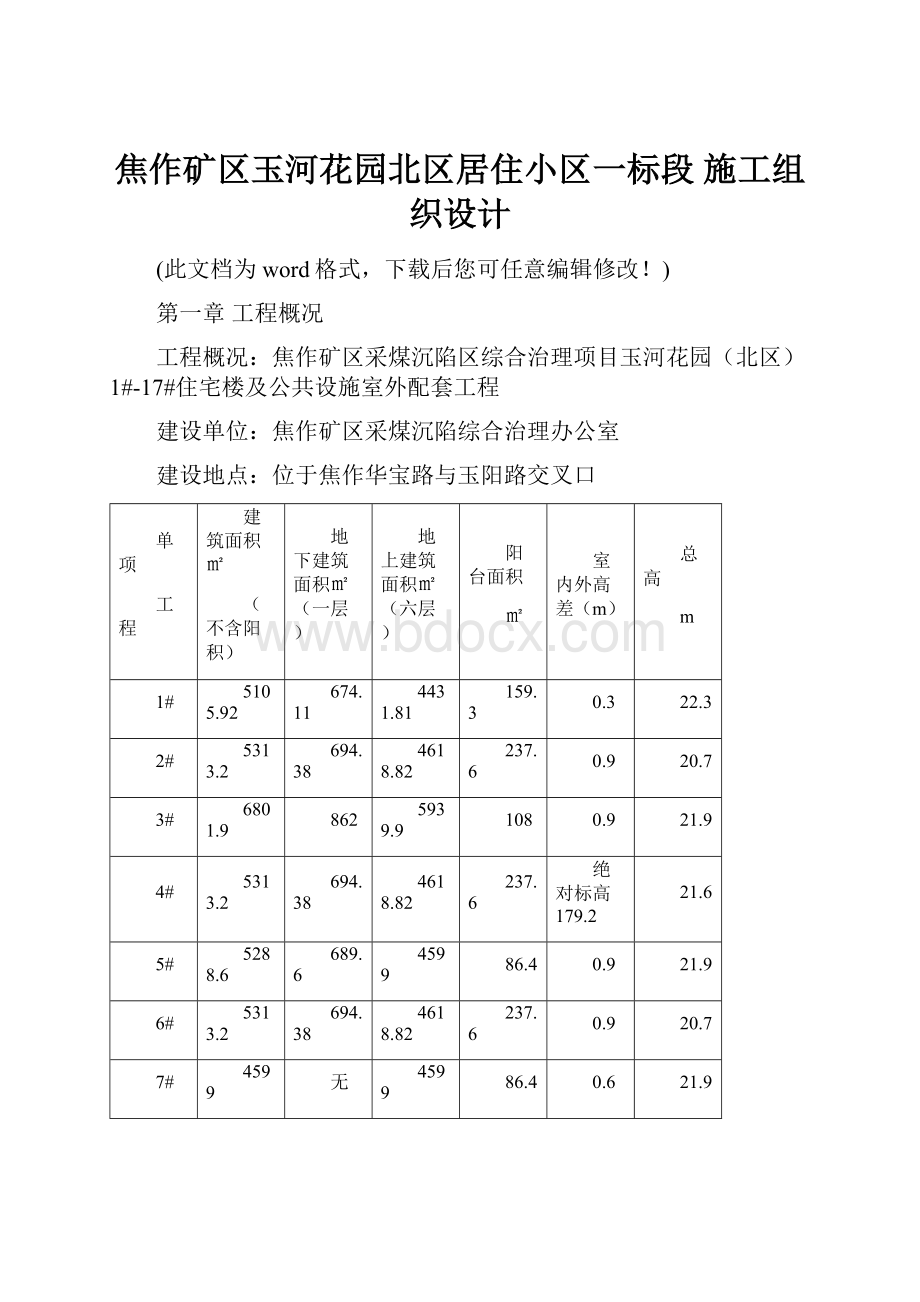 焦作矿区玉河花园北区居住小区一标段 施工组织设计.docx_第1页