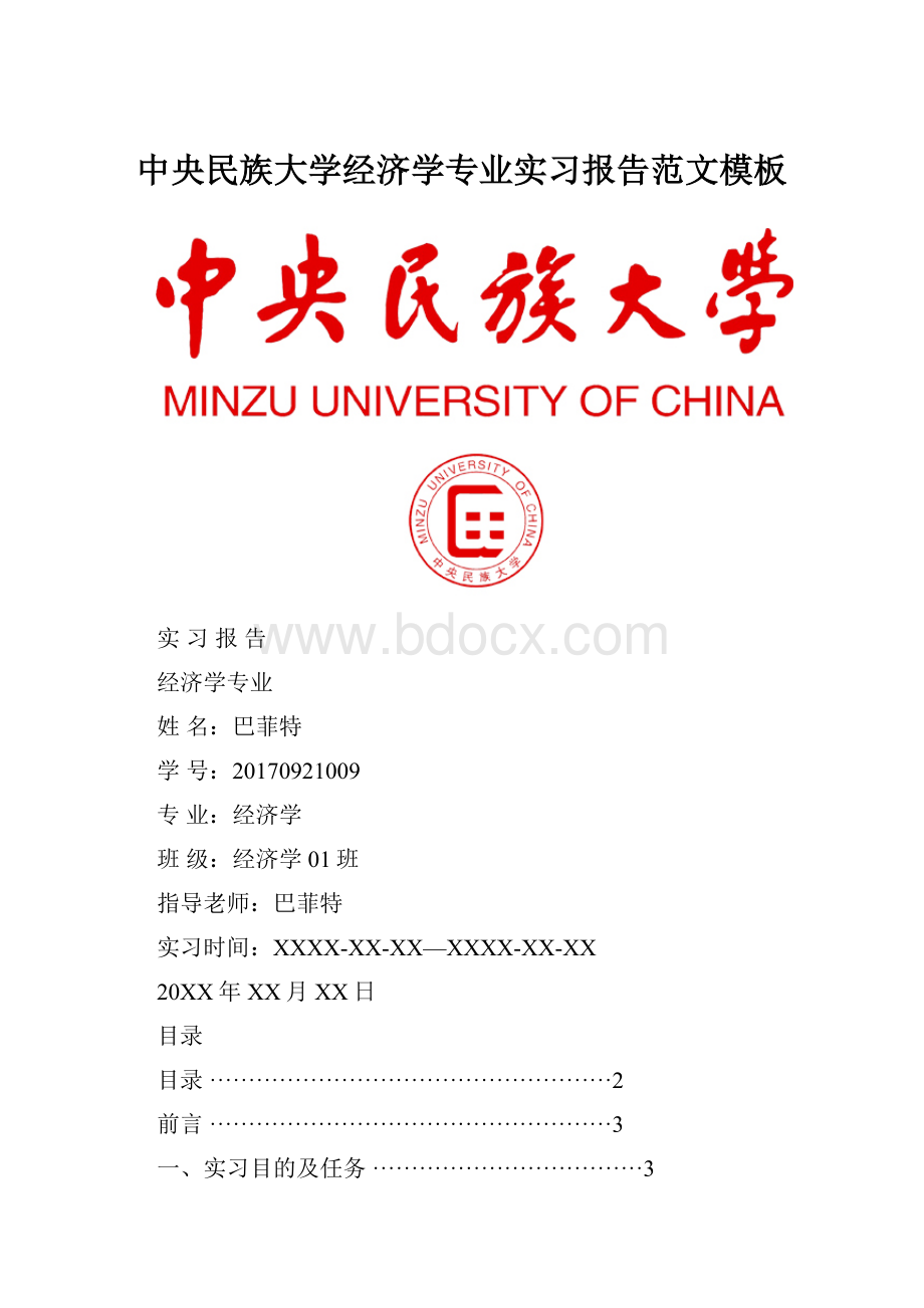 中央民族大学经济学专业实习报告范文模板.docx