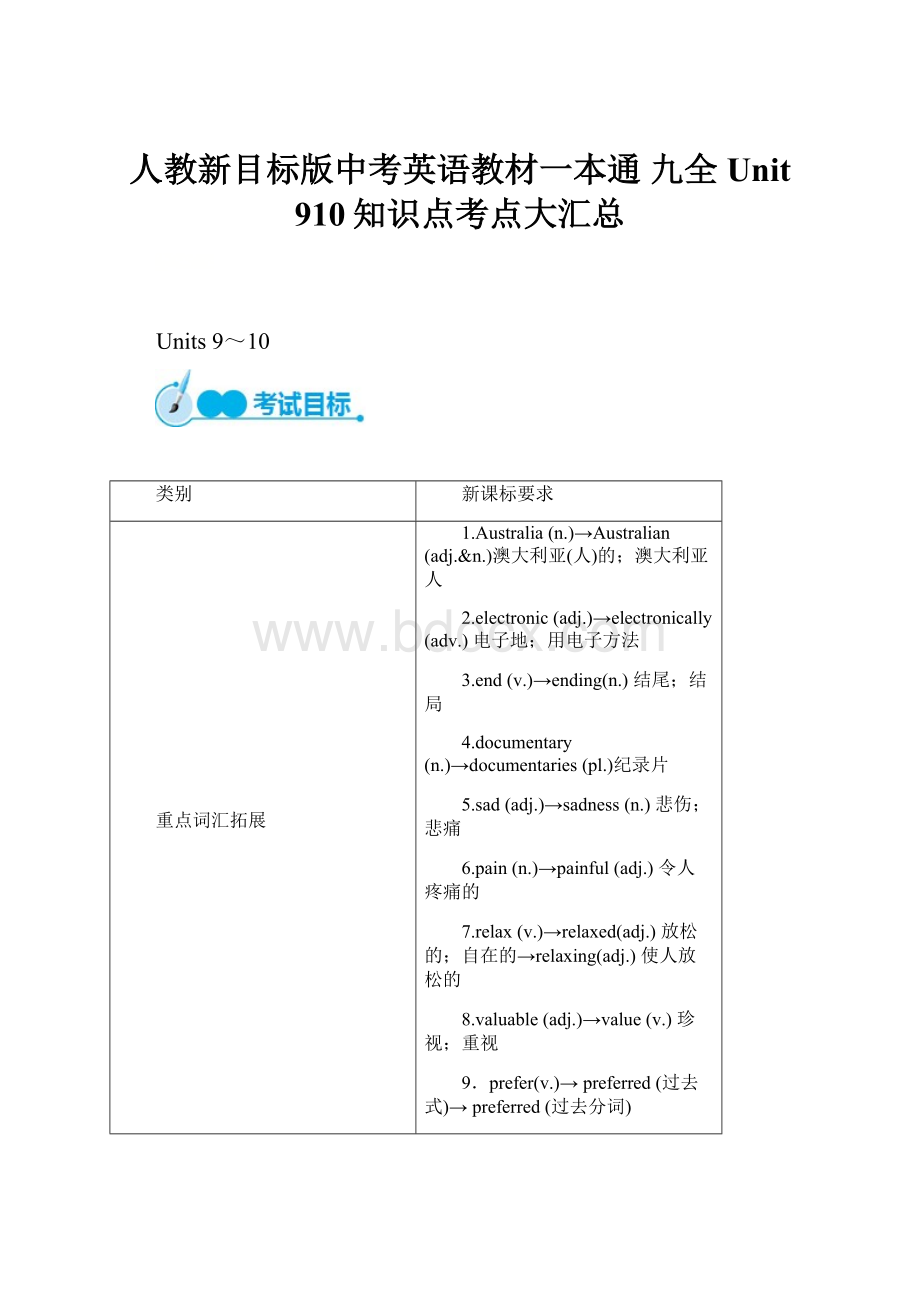 人教新目标版中考英语教材一本通 九全 Unit 910知识点考点大汇总.docx