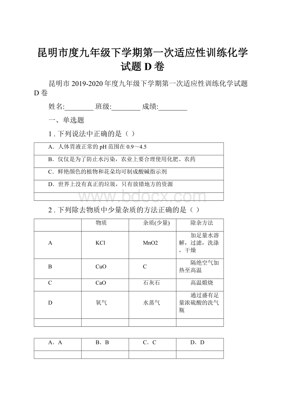 昆明市度九年级下学期第一次适应性训练化学试题D卷.docx