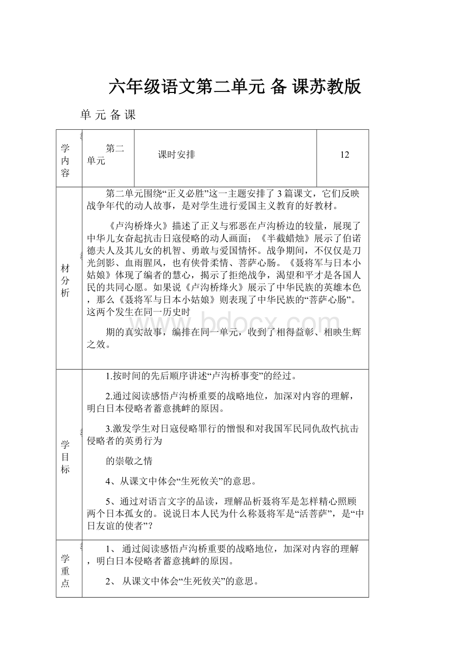 六年级语文第二单元备 课苏教版.docx