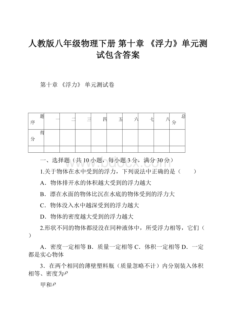 人教版八年级物理下册 第十章 《浮力》单元测试包含答案.docx