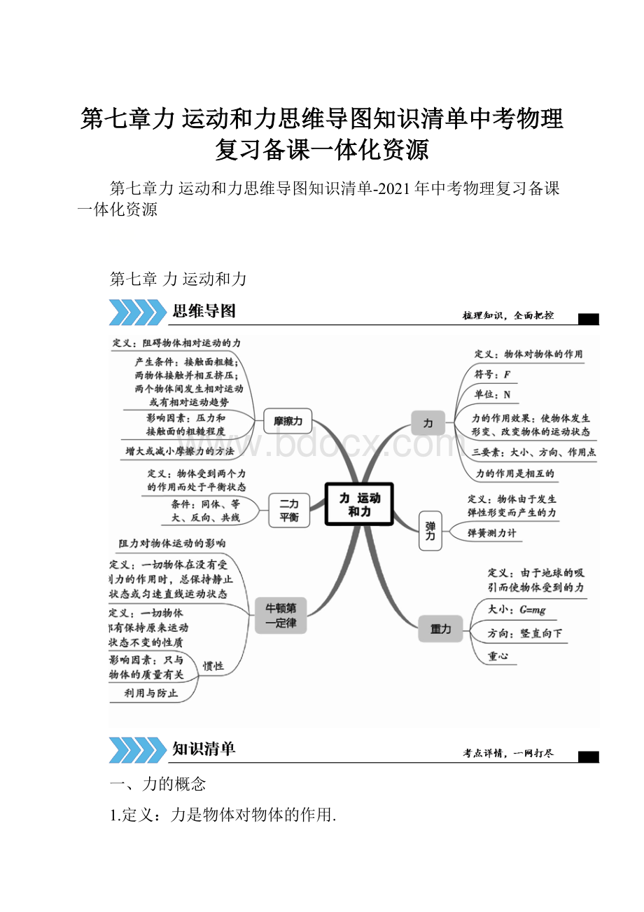 第七章力 运动和力思维导图知识清单中考物理复习备课一体化资源.docx