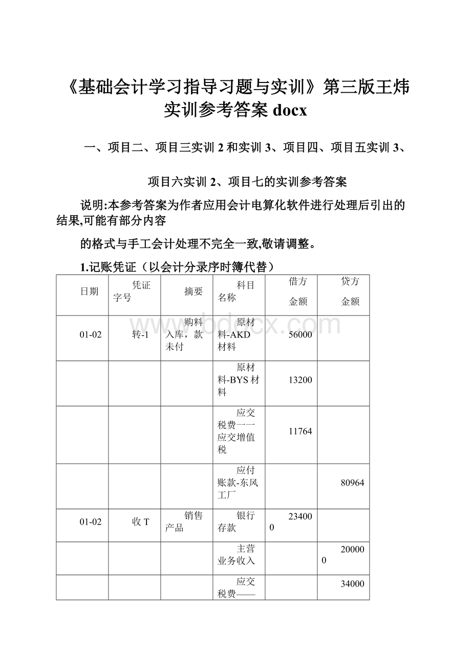 《基础会计学习指导习题与实训》第三版王炜实训参考答案docx.docx