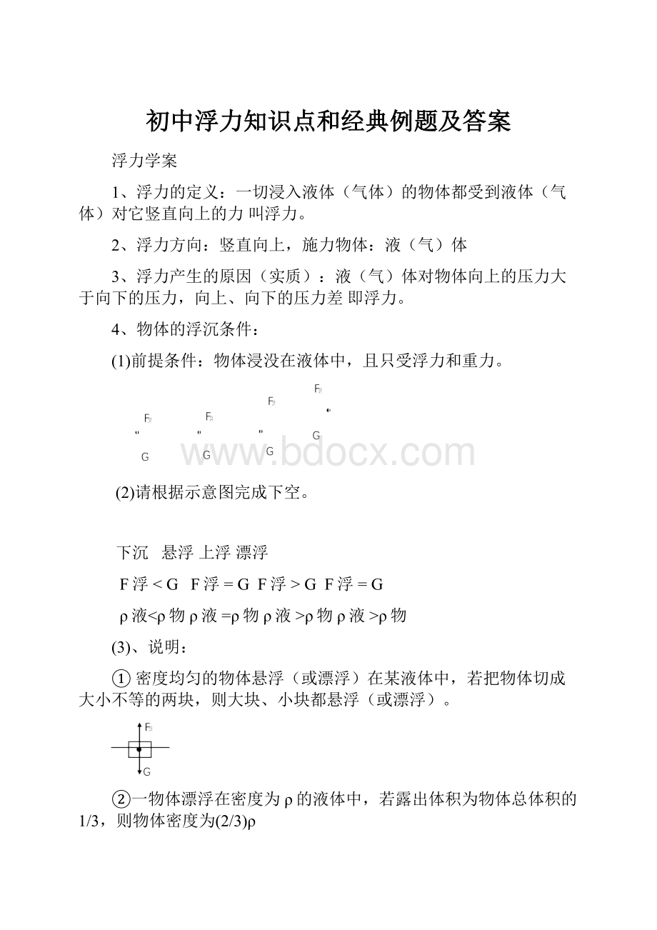 初中浮力知识点和经典例题及答案.docx