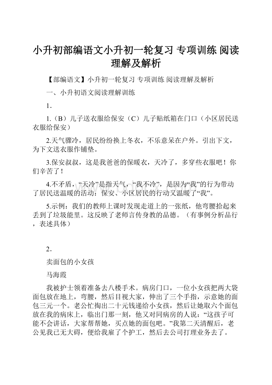 小升初部编语文小升初一轮复习 专项训练 阅读理解及解析.docx