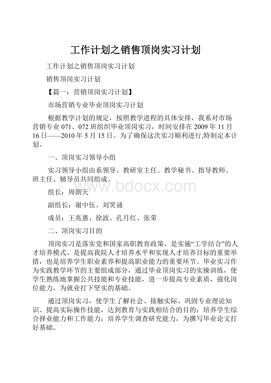 工作计划之销售顶岗实习计划.docx