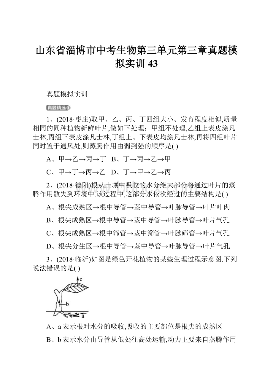 山东省淄博市中考生物第三单元第三章真题模拟实训43.docx_第1页