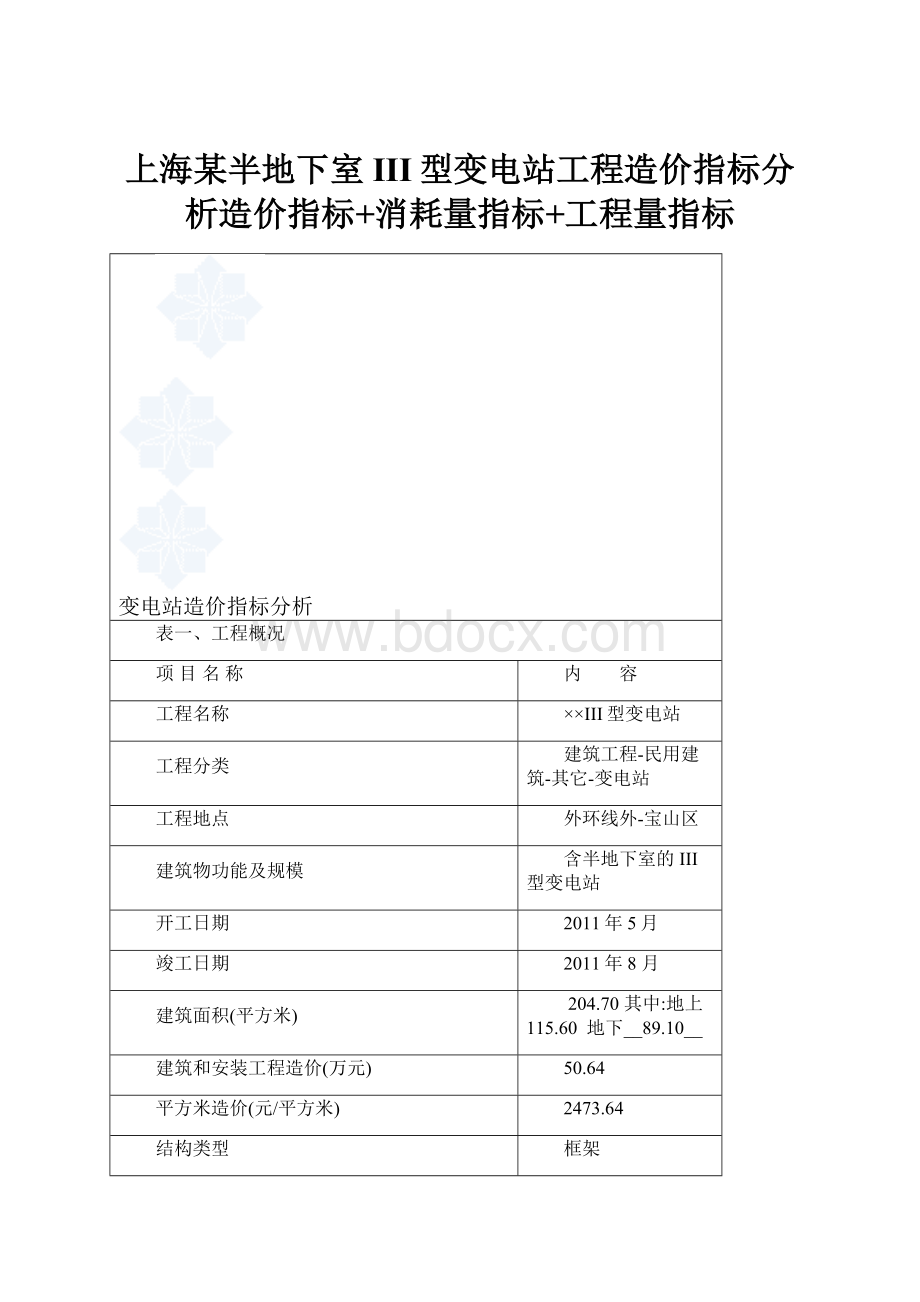 上海某半地下室III型变电站工程造价指标分析造价指标+消耗量指标+工程量指标.docx
