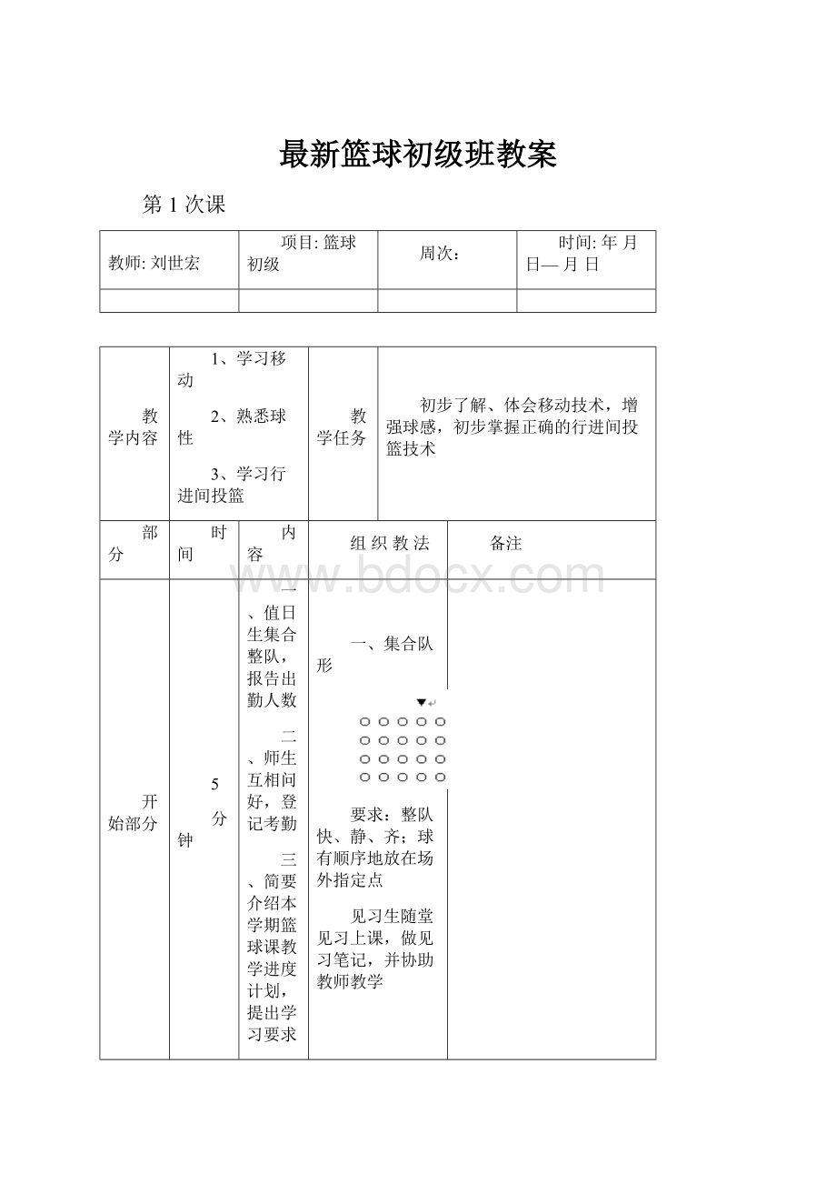 最新篮球初级班教案.docx