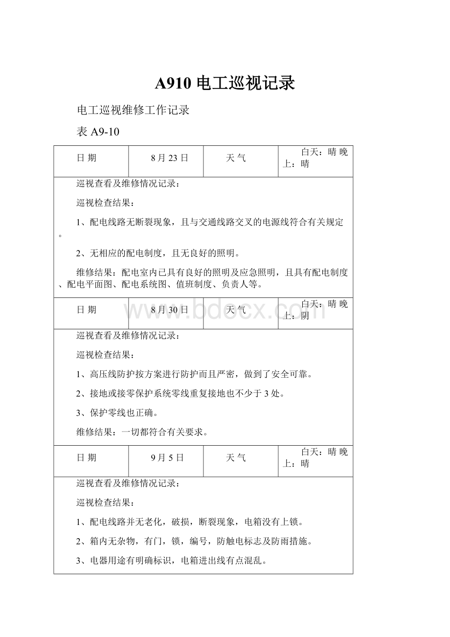 A910电工巡视记录.docx_第1页