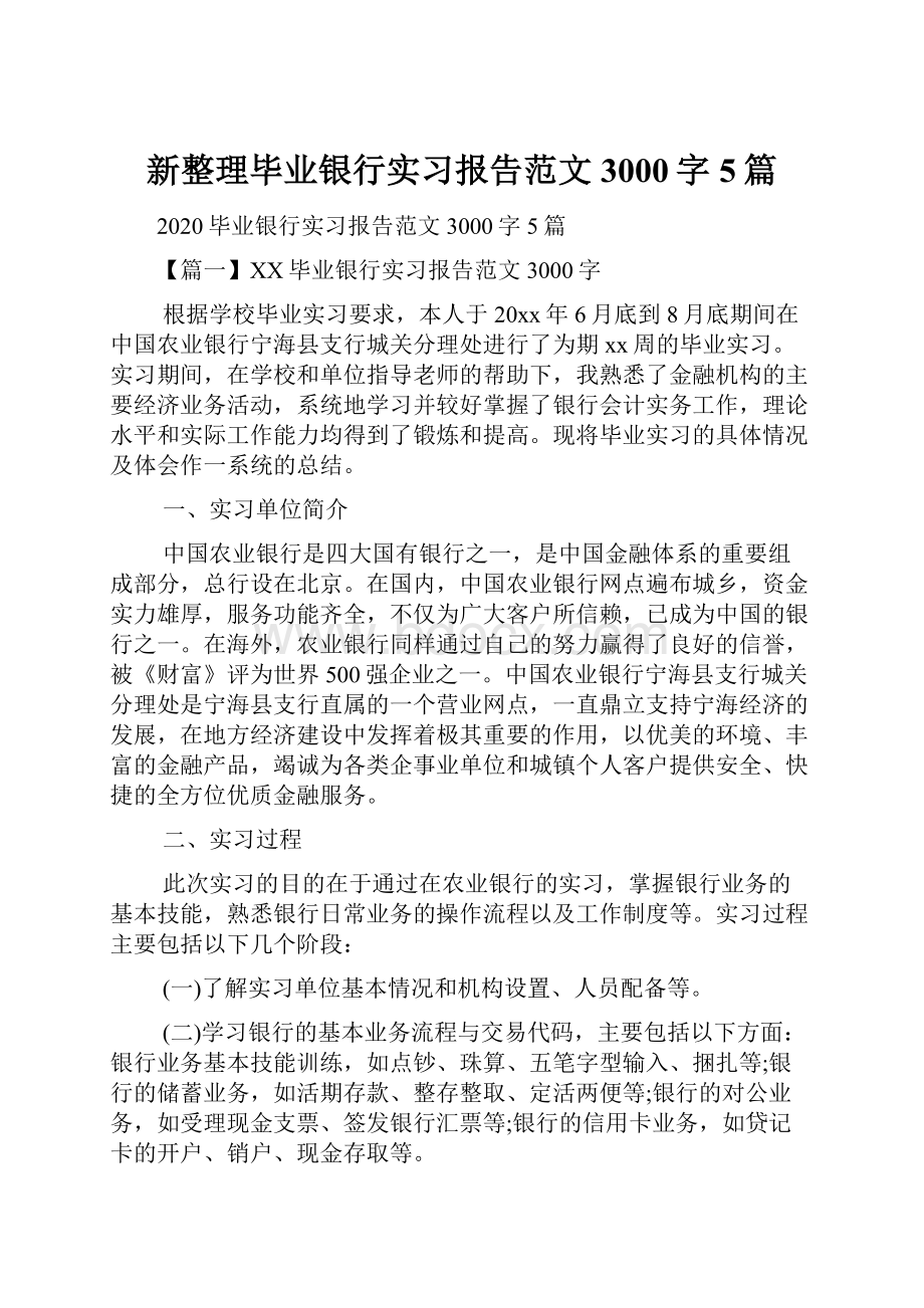 新整理毕业银行实习报告范文3000字5篇.docx