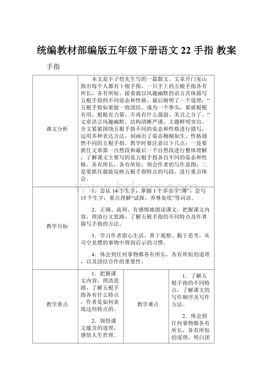 统编教材部编版五年级下册语文22 手指 教案.docx_第1页