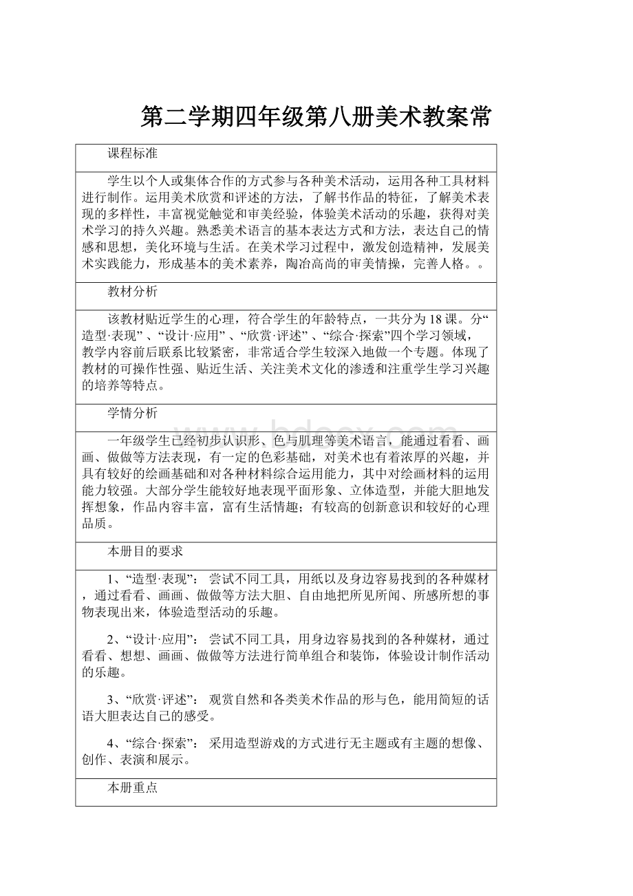 第二学期四年级第八册美术教案常.docx