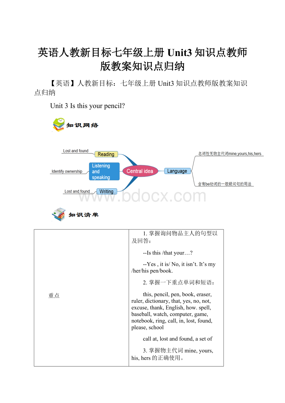 英语人教新目标七年级上册Unit3知识点教师版教案知识点归纳.docx