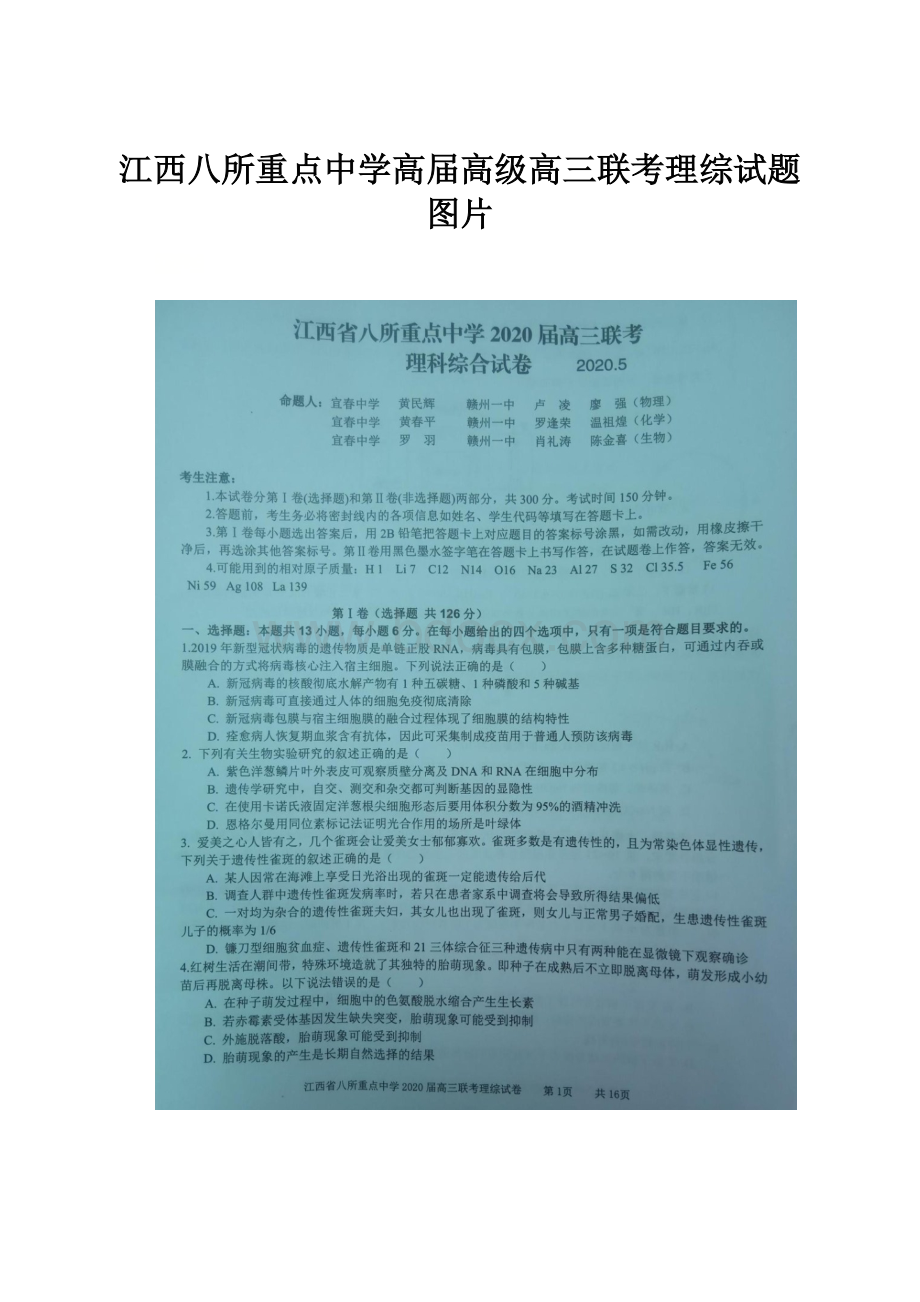 江西八所重点中学高届高级高三联考理综试题图片.docx