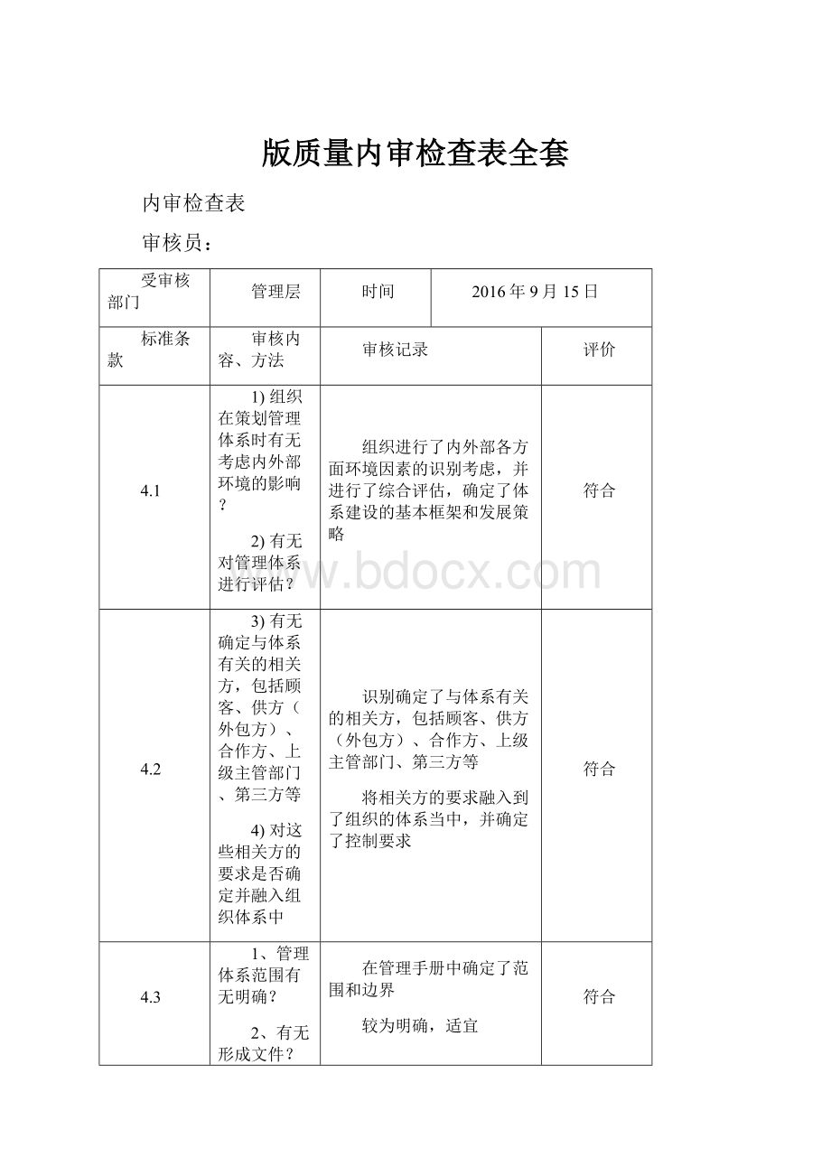 版质量内审检查表全套.docx