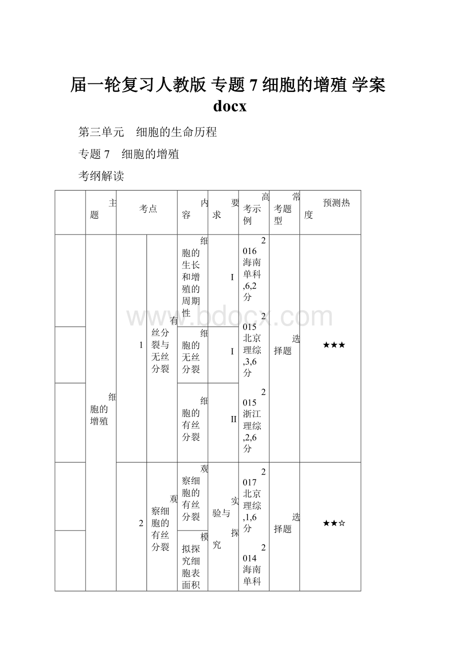 届一轮复习人教版 专题7 细胞的增殖 学案docx.docx_第1页