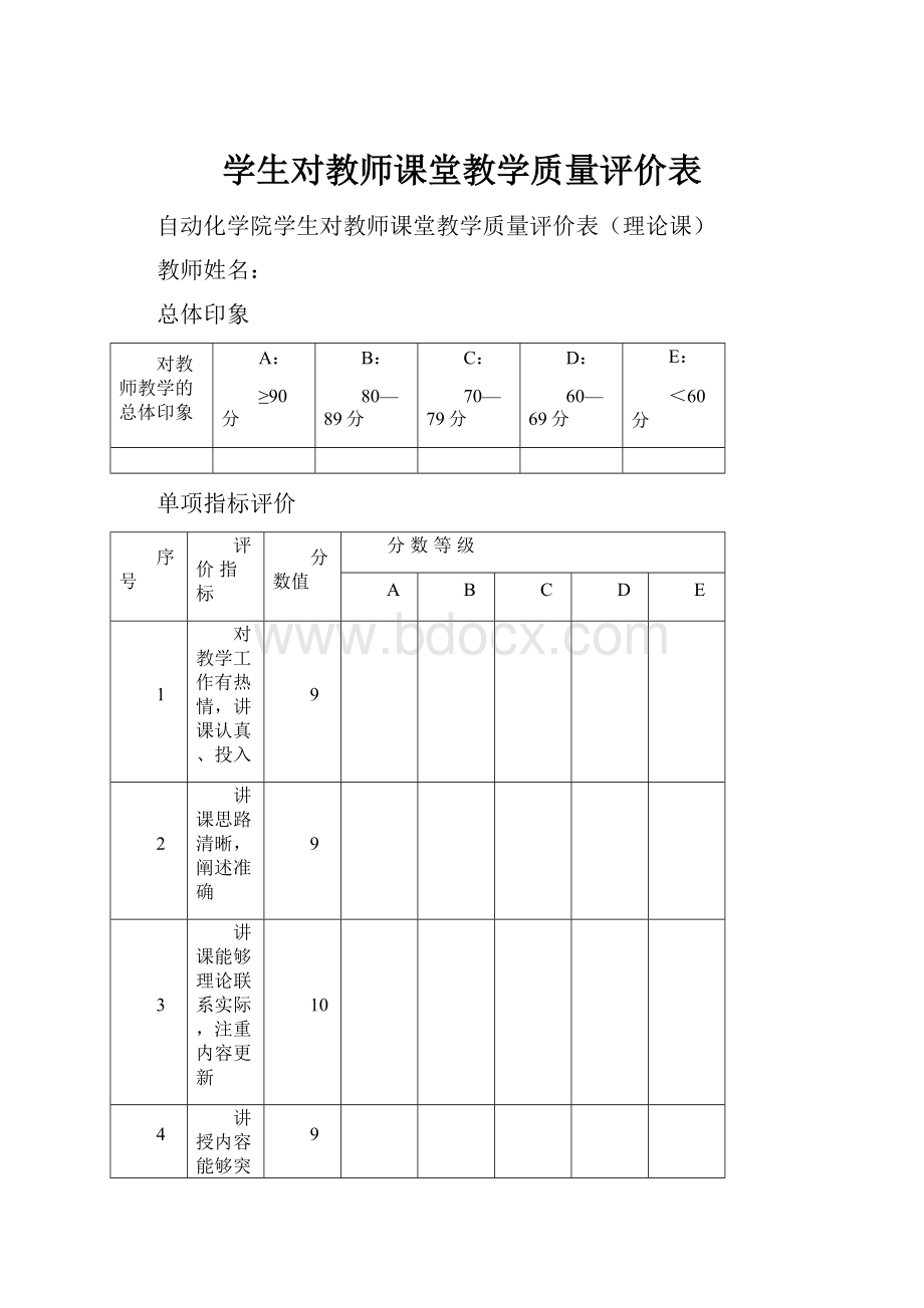 学生对教师课堂教学质量评价表.docx