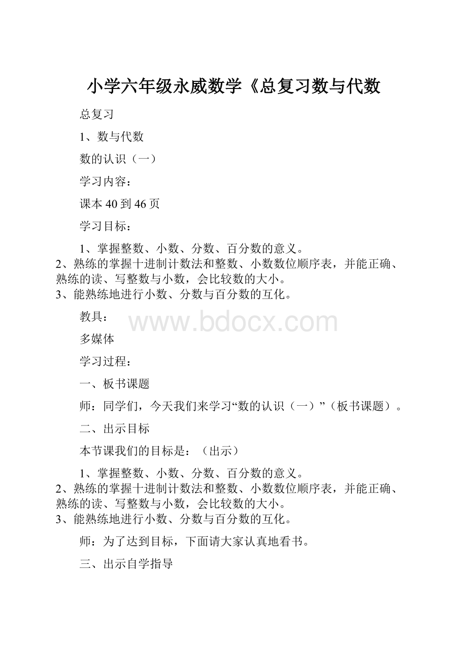 小学六年级永威数学《总复习数与代数.docx