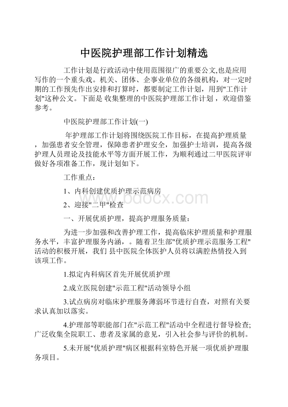 中医院护理部工作计划精选.docx