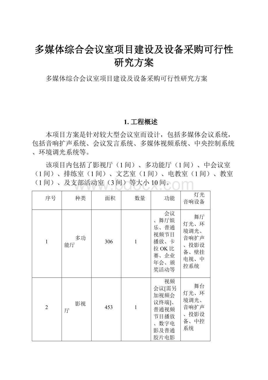 多媒体综合会议室项目建设及设备采购可行性研究方案.docx_第1页