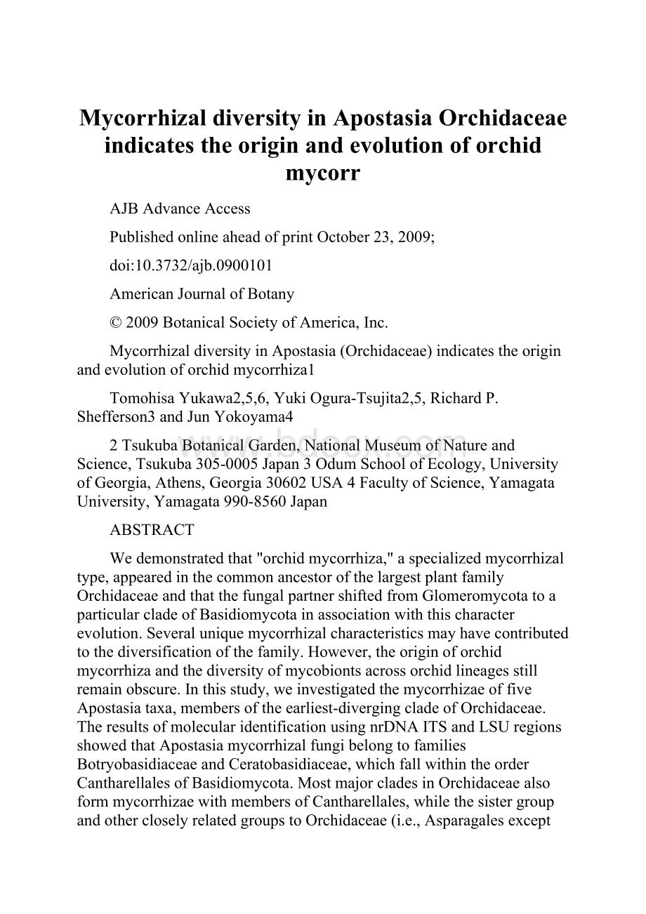 Mycorrhizal diversity in Apostasia Orchidaceae indicates the origin and evolution of orchid mycorr.docx