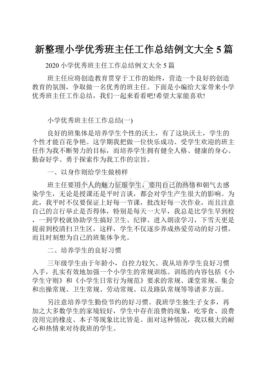 新整理小学优秀班主任工作总结例文大全5篇.docx