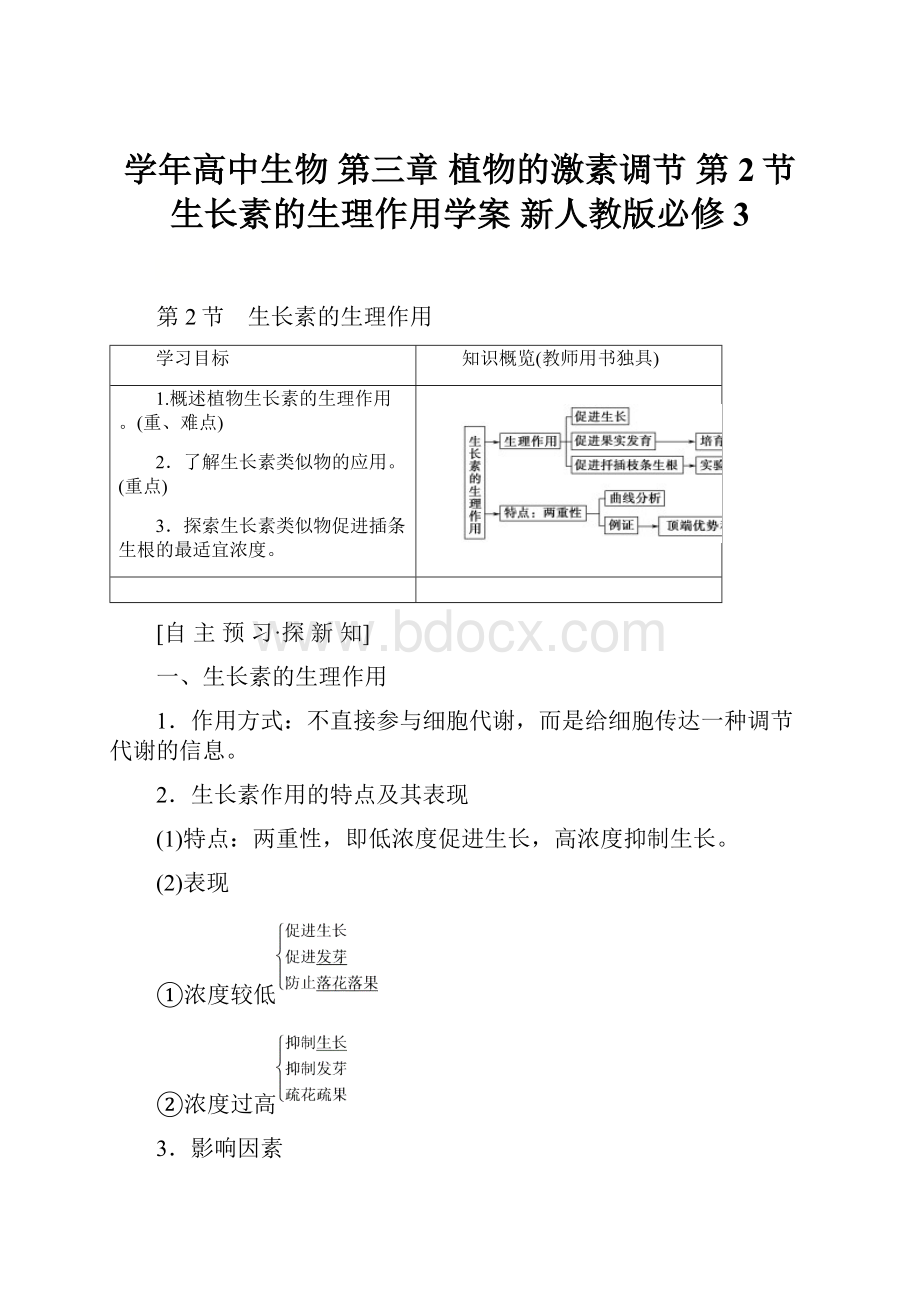 学年高中生物 第三章 植物的激素调节 第2节 生长素的生理作用学案 新人教版必修3.docx