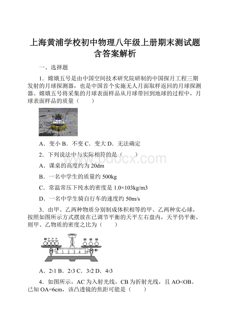 上海黄浦学校初中物理八年级上册期末测试题含答案解析.docx