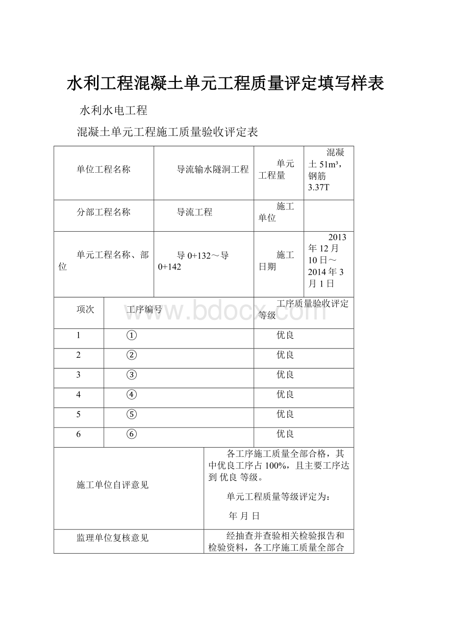 水利工程混凝土单元工程质量评定填写样表.docx_第1页