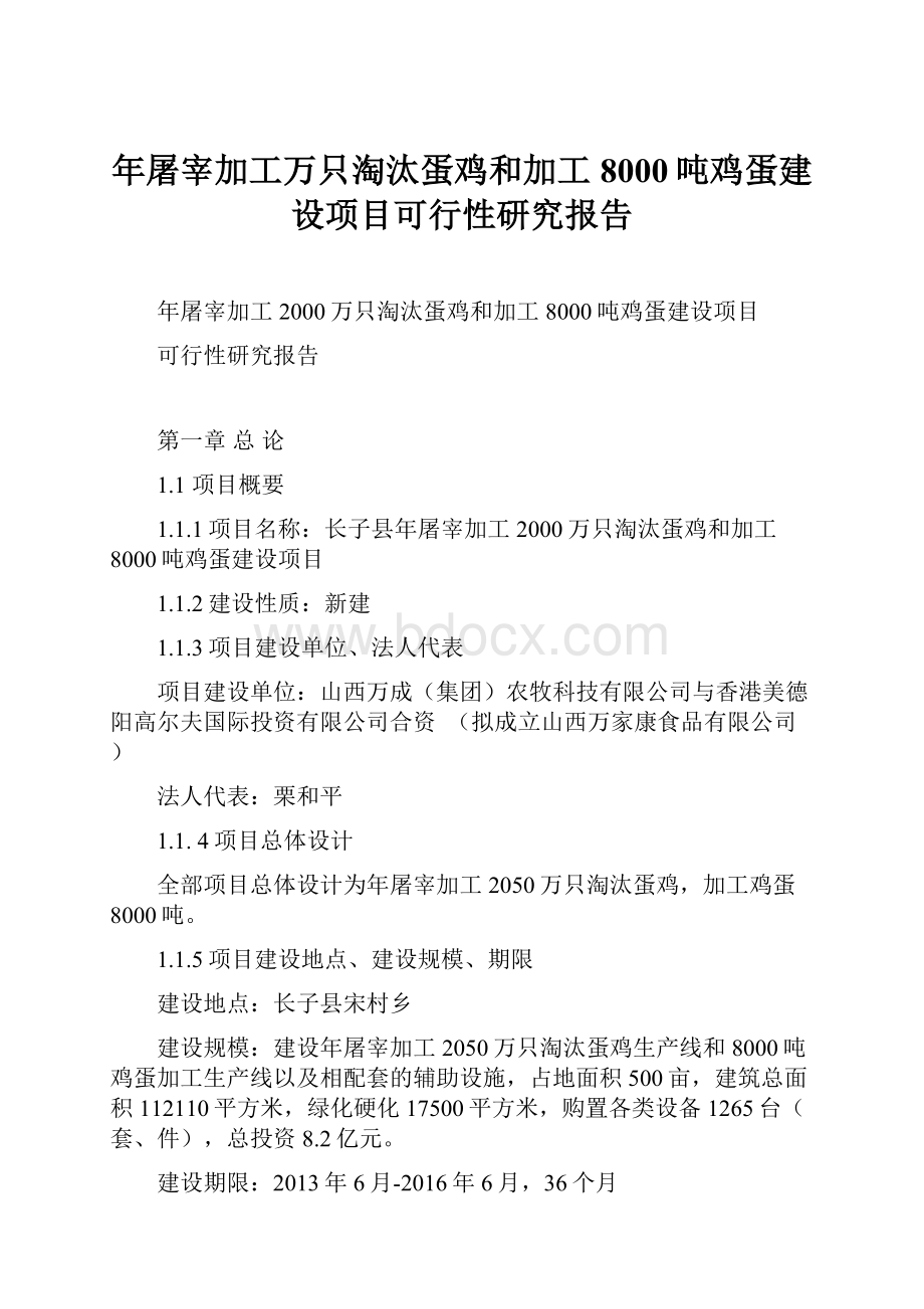 年屠宰加工万只淘汰蛋鸡和加工8000吨鸡蛋建设项目可行性研究报告.docx_第1页